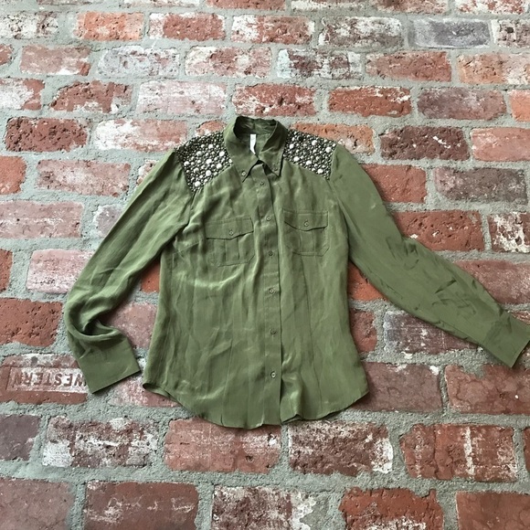 Love Sam Tops - Love Sam Green beaded silk blouse